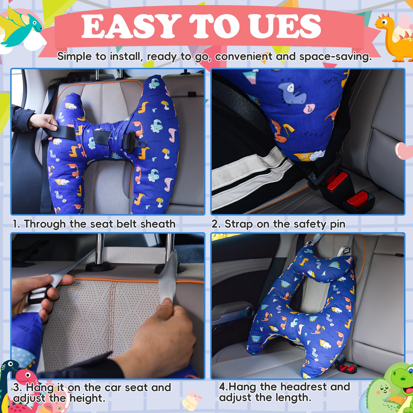 Coussin de Voyage pour Enfant Voiture, Oreiller Voiture Enfant H, Coussin Voiture Enfants Dormir, Lavable, Réglable Et Respirant, pour Les Longs Trajets En Voiture (Dinosaure-3)