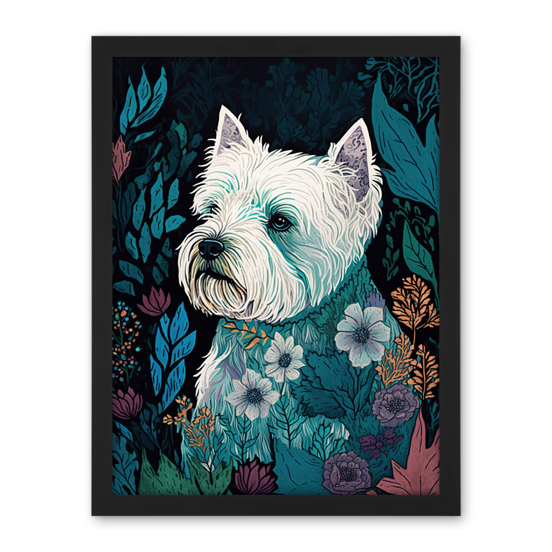 Artery8 West Highland White Terrier in Flowers Dark Multicoloured Linocut Illustration Artwork Framed Wall Art Print 18X24 Inch