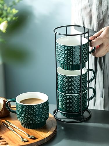 Miniatura 3 de LYEOBOH Juego de tazas de café apilables de porcelana con soporte y cucharas, 13 onzas, tazas de capuchino Demitasse para bebidas, expreso, café con