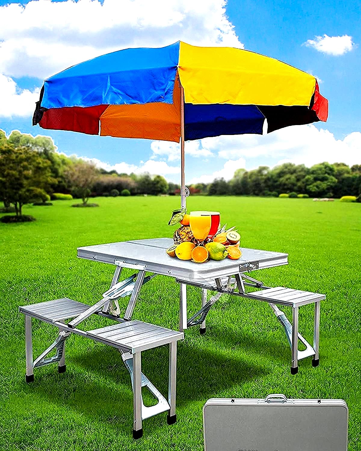 Picnic-Table-Outdoor-Aluminum-Portable-Folding-Camp-Suitcase-Picnic-Table-with-4-Seats-with-Umbrella-on-Heavy-Duty-Aluminum-Portable-store-Folding-Picnic-Table-&-Chairs-Set-with-Umbrella (OPT12)