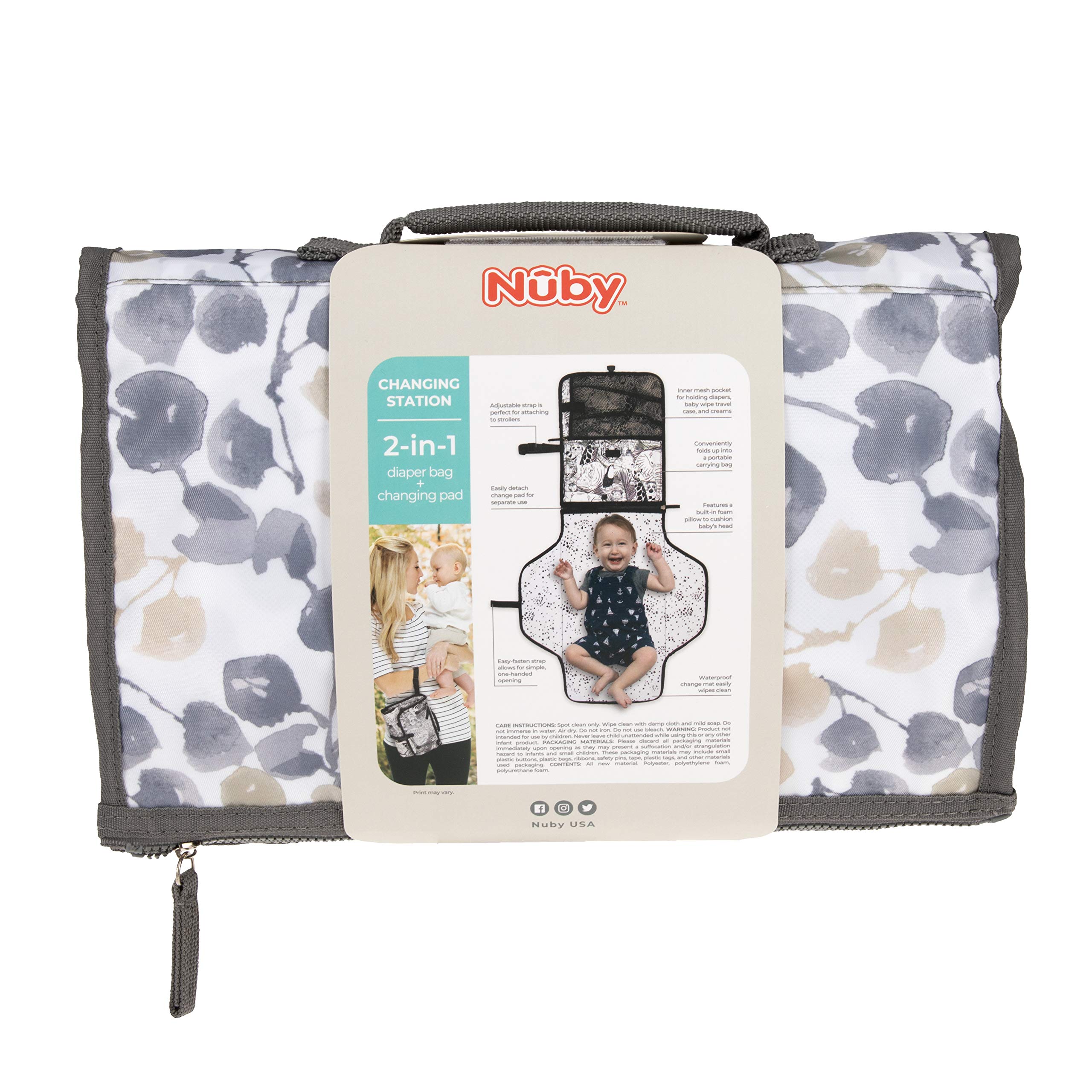 Nuby Tragbare Baby-Wickelunterlage, schnell abwischbare Wickelunterlage mit integriertem Kissen, Blumendruck