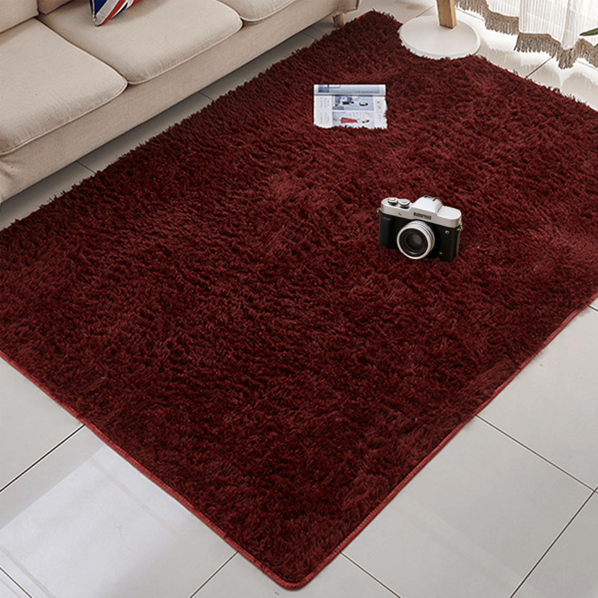 Tapis de salon shaggy vin rouge grand format 250 x 410 cm pour chambre et couloir