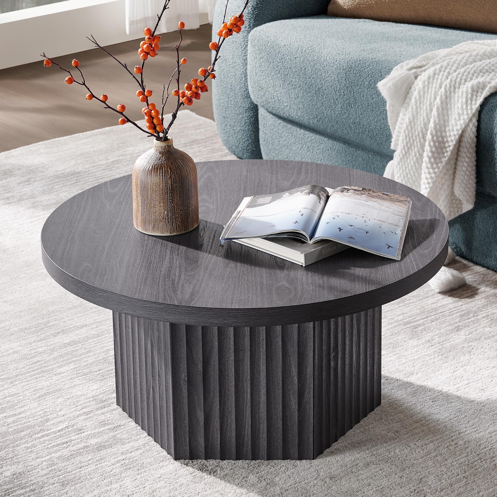 SICOTAS Round Coffee Table for Living Room, Mid Century Modern Fluted Center Coffee Table with Storage, 32" Circle Accent Tea Dining Table for