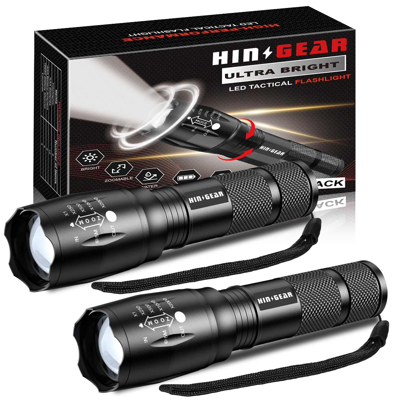 HinsGEAR 1 Modus Taschenlampe Extrem Hell 2 Stück, Aluminium 2000 Lumen LED Taschenlampe Batteriebetrieben, IP65 Wasserdichte Handlampe Zoombar für Camping, Wandern, Outdoor, Notfall, Geschenk