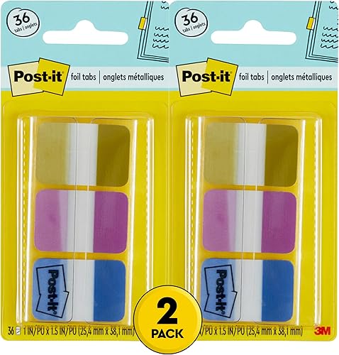 Post-it Pestañas de aluminio, colores iridiscentes, 36 pestañaspaquete, 1 x 1.5 pulgadas (686-FLOPBT) (paquete de 2)