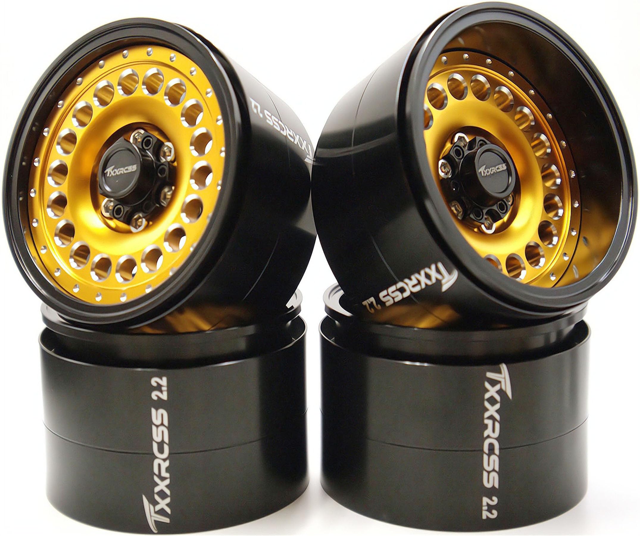 Txxrcss Adjustable 2 Offsets RC 2.2 Beadlock Wheels Rims 1/10 Crawle Car Wheel Aluminum Hub Upgrades for Remote Control SCX10 Capra Wraith Trx4 (4PC) (Black ? gdlden)