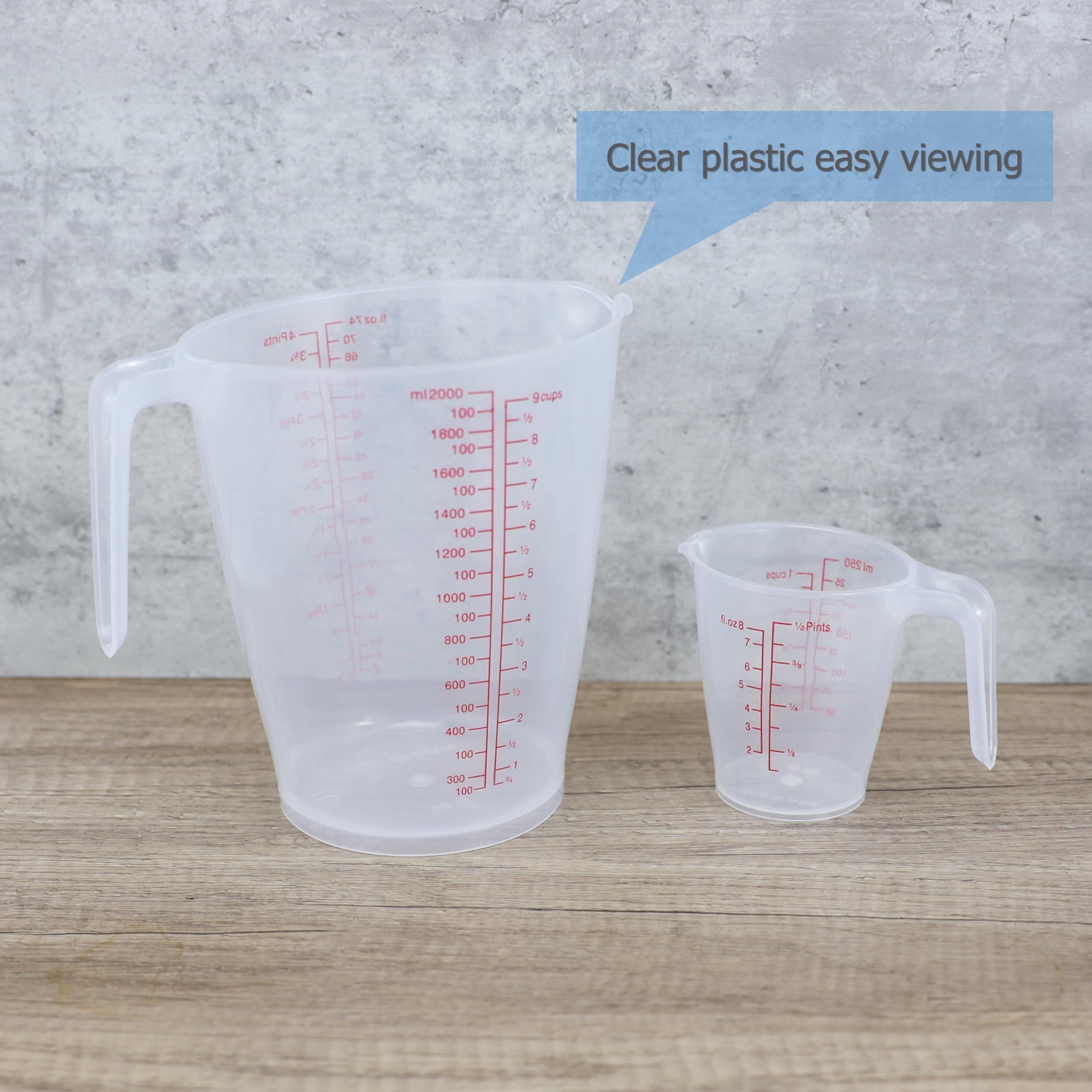 EIKS Tasses à mesurer en plastique pour mesurer le mélange, la cuisine, la pâtisserie, les loisirs créatifs, la peinture (2 000 ml x 2 + 250 ml x 2)