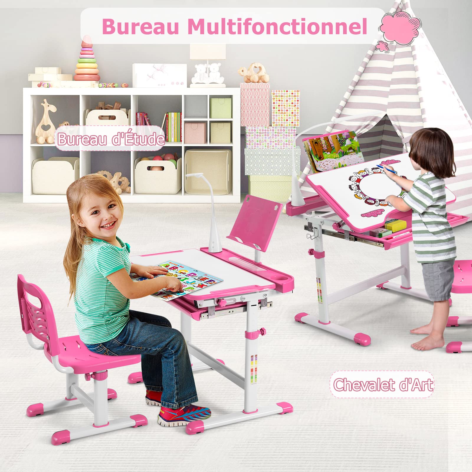 DREAMADE Bureau Enfant avec Tiroir, Support de Lecture et Lampe LED Dimmable, Hauteur et Angle Réglables, Bleu/Rose