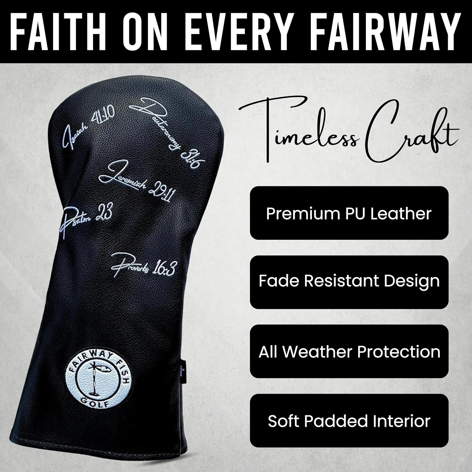 Driver Headcover Bible Verse Leather Golf Head Covers for Woods and Driver | Hybrid Golf Club Covers for Men & Women | Faith Golf Headcovers with Soft Interior & Maximum Protection by Fairway Fish