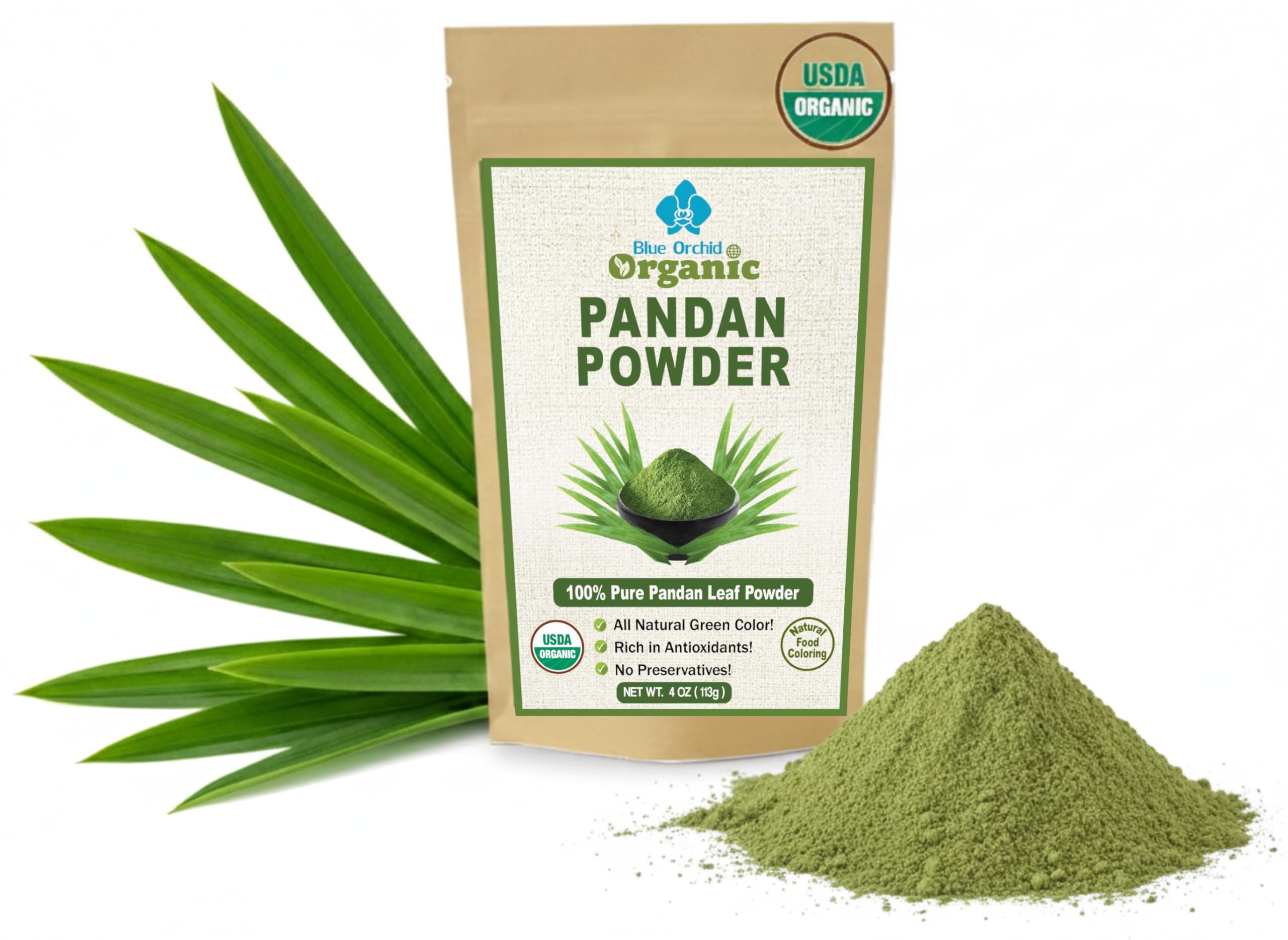 Organic Pandan Powder 4 OZ - Natural Green Food Coloring - Thai Herbal Aromatic Spice for Desserts Stews Curries Tea and Green Pandan Latte - Cut and Sifted