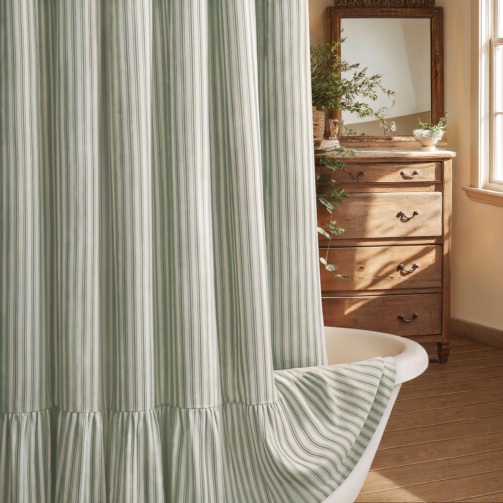 XOGUIBO Farmhouse Shower Curtain with Ruffle Hem Linen Shower Curtains for Bathroom Country Vintage Rustic Natural Fabric, Cream-Green Stripe 72" W x 90" L