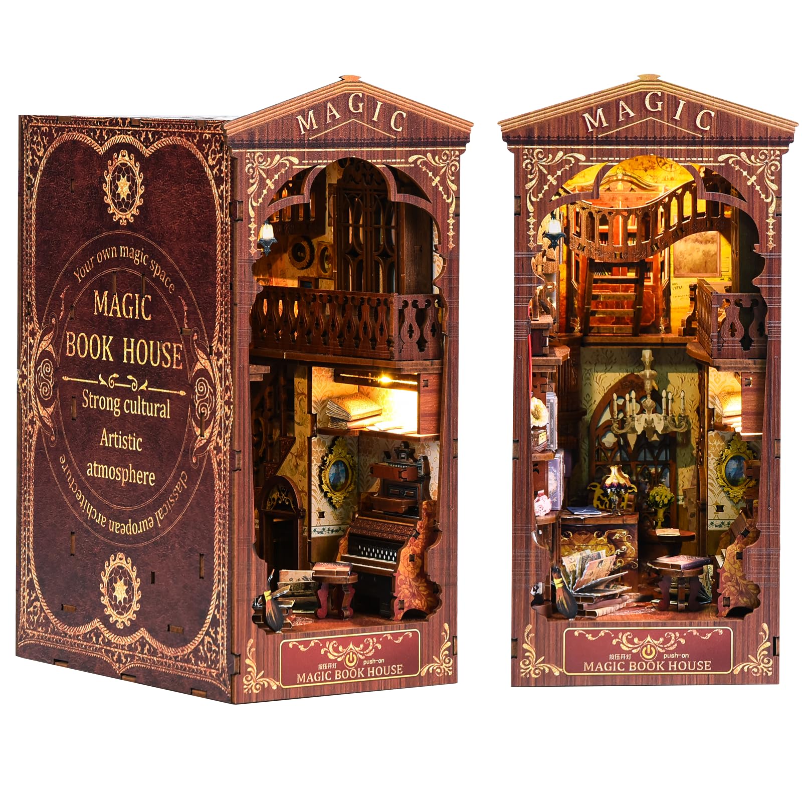 Ulikey Book Nook Kits, DIY Casa Libros de Madera, DIY Miniatura de Madera Kits, DIY Miniature House con Luces LED e Instrucciones en Papel para la Decoración de Estanterías (Librería Mágica)