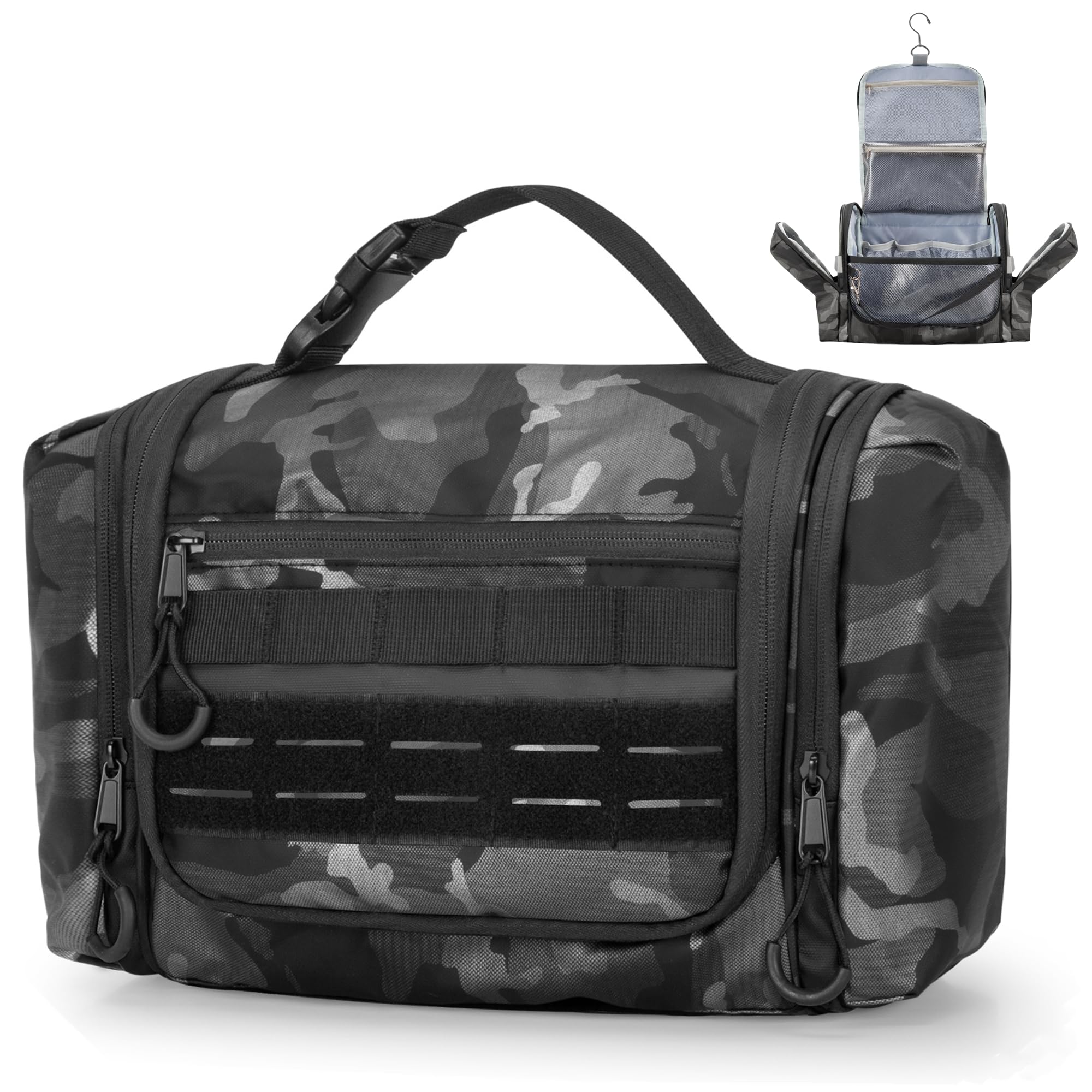 Neceser colgante para hombre, kit táctico de viaje, organizador de higiene grande, bolsa de ducha para acampar al aire libre, Camo Negro