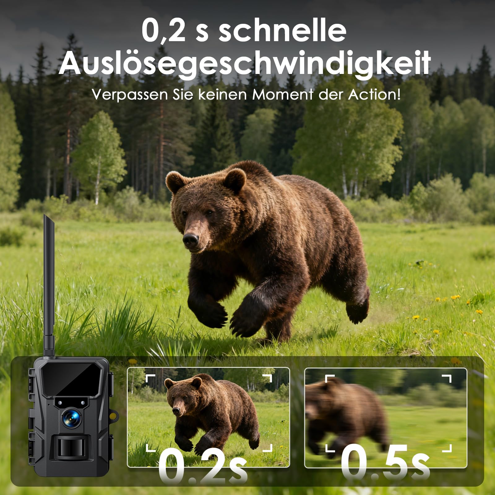 WOLFANG Wildkamera 2K 48MP, 4G LTE Live-Solar-Übertragung Wildkamera mit Handyübertragung-App, Echtzeitalarm, Infrarot-Nachtsicht-Jagdkamera mit 5200 mAh Akku, 64 GB SD-Karte, IP66 schwarz