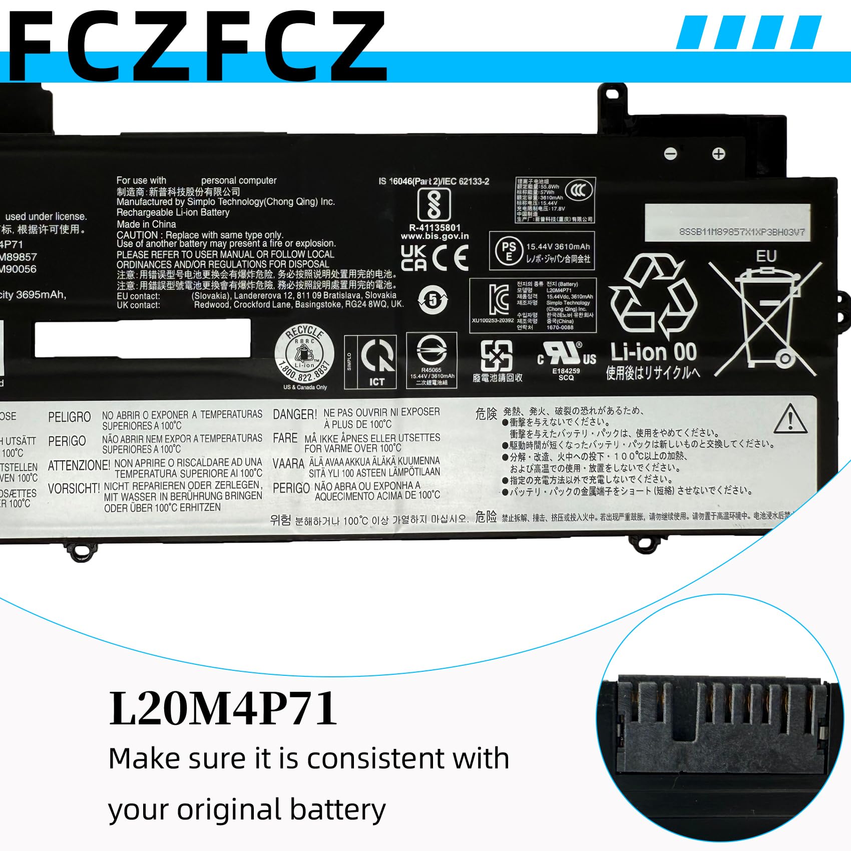 FCZFCZ L20M4P71 Battery 57Wh Replacement for Lenovo ThinkPad X1