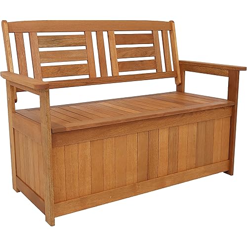 Sunnydaze 51-Inch Meranti Wood Outdoor Storage Bench with Teak Oil Finish