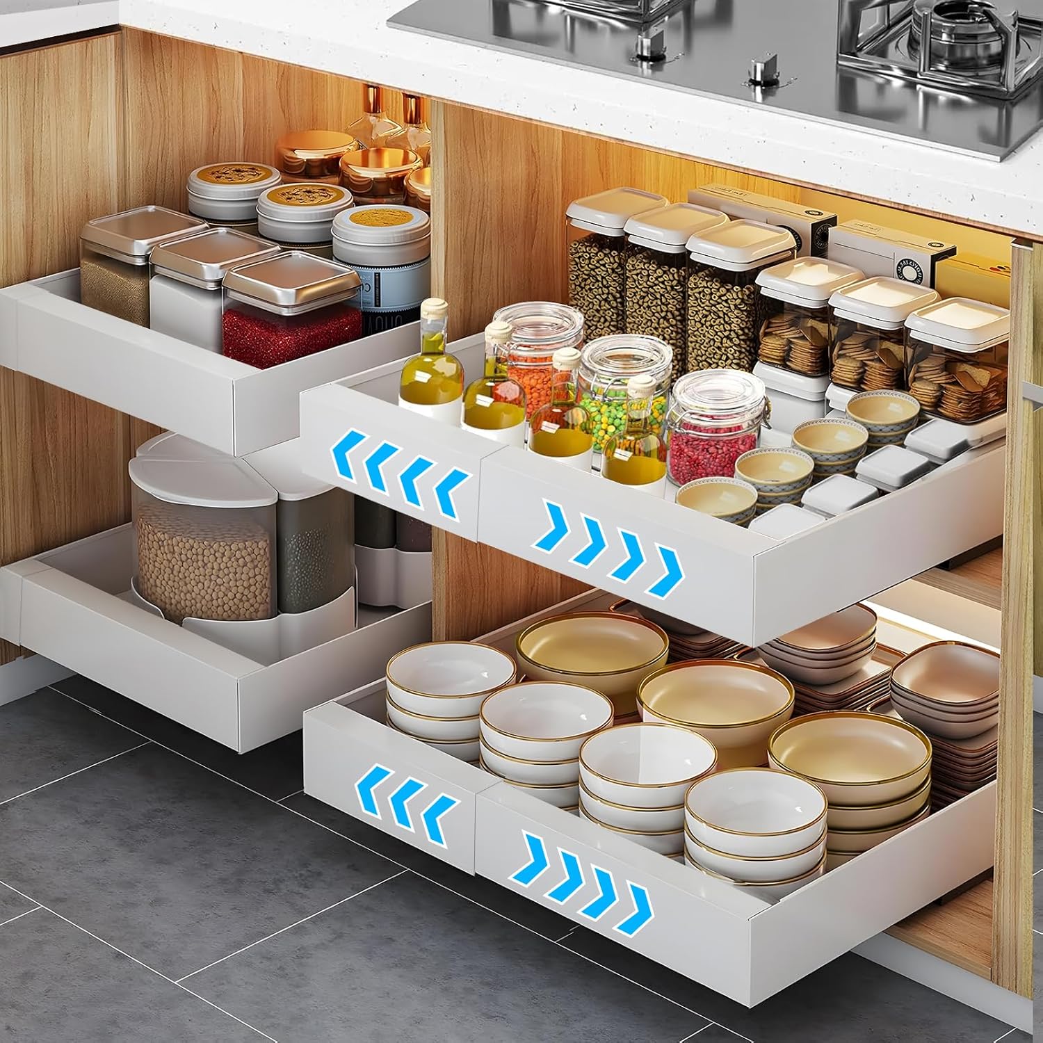 2Pcs Expandable(12.4"-20.5") Cabinet Organizer with Adjustable Slide Out Drawers, ideal for Kitchen & Pantry (White)