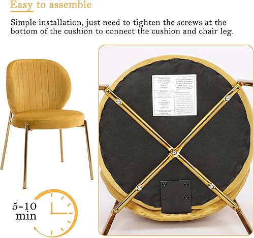 Miniatura 8 de DAGONHIL Juego de 4 sillas de comedor, sillas de terciopelo amarillo, sillas tapizadas modernas de mediados de siglo con patas de metal dorado para