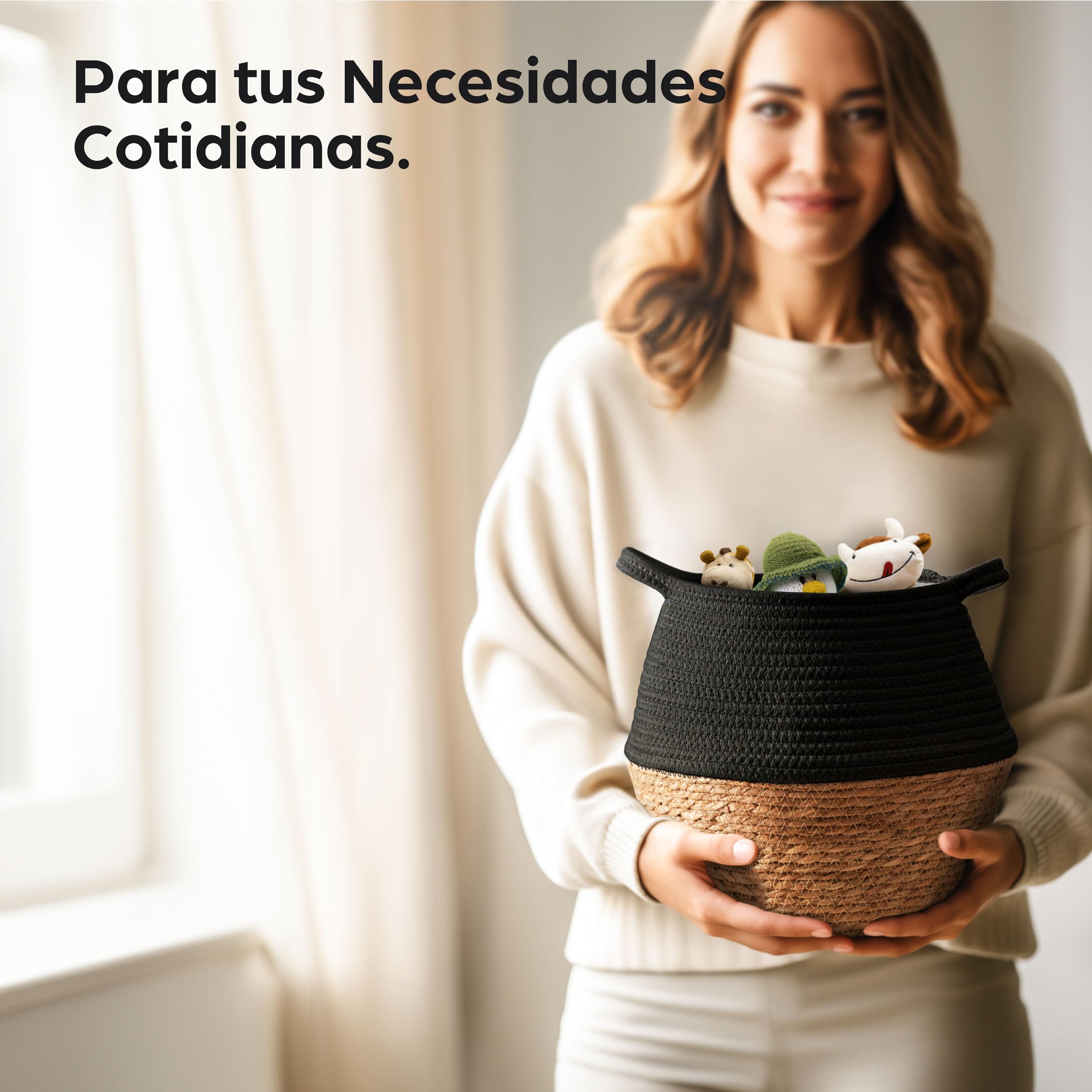 Praknu Cesto Macetero Grande - De Mimbre Hecha de Algas Marinas Sostenibles y Algodón - Cubre Macetas para Plantas de Interior y Cesta Decorativa - con Asas (Negro)
