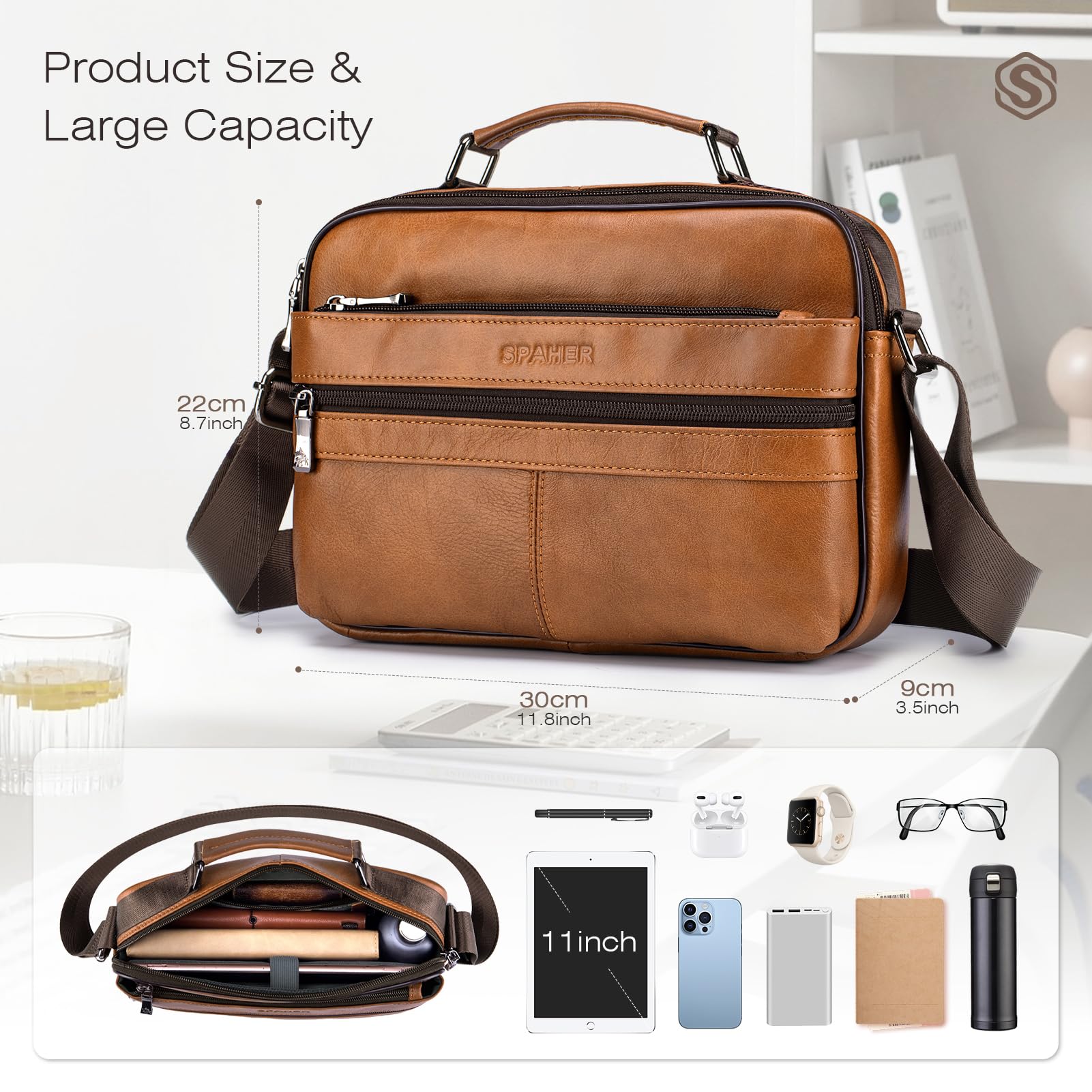 SPAHER Bolso Hombre Bandolera Piel Grande Bolso Caballero Bandolera Cuero Hombre Bolso Bandolera Hombre Bolsos Hombre de Cuero Mariconeras para Hombres Bolsos de Hombre Bandolera Man Bag