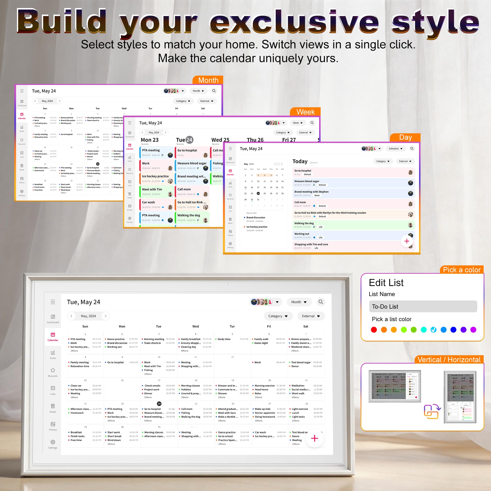 15,6 Zoll Digitaler Kalender Wand, Smart Home Wandplaner & Elektronische Chore Chart ohne Abo, WiFi Touchscreen Sync mit Google/iCloud/Outlook, Mahlzeitenplaner & Aufgaben-Organizer, Android 14