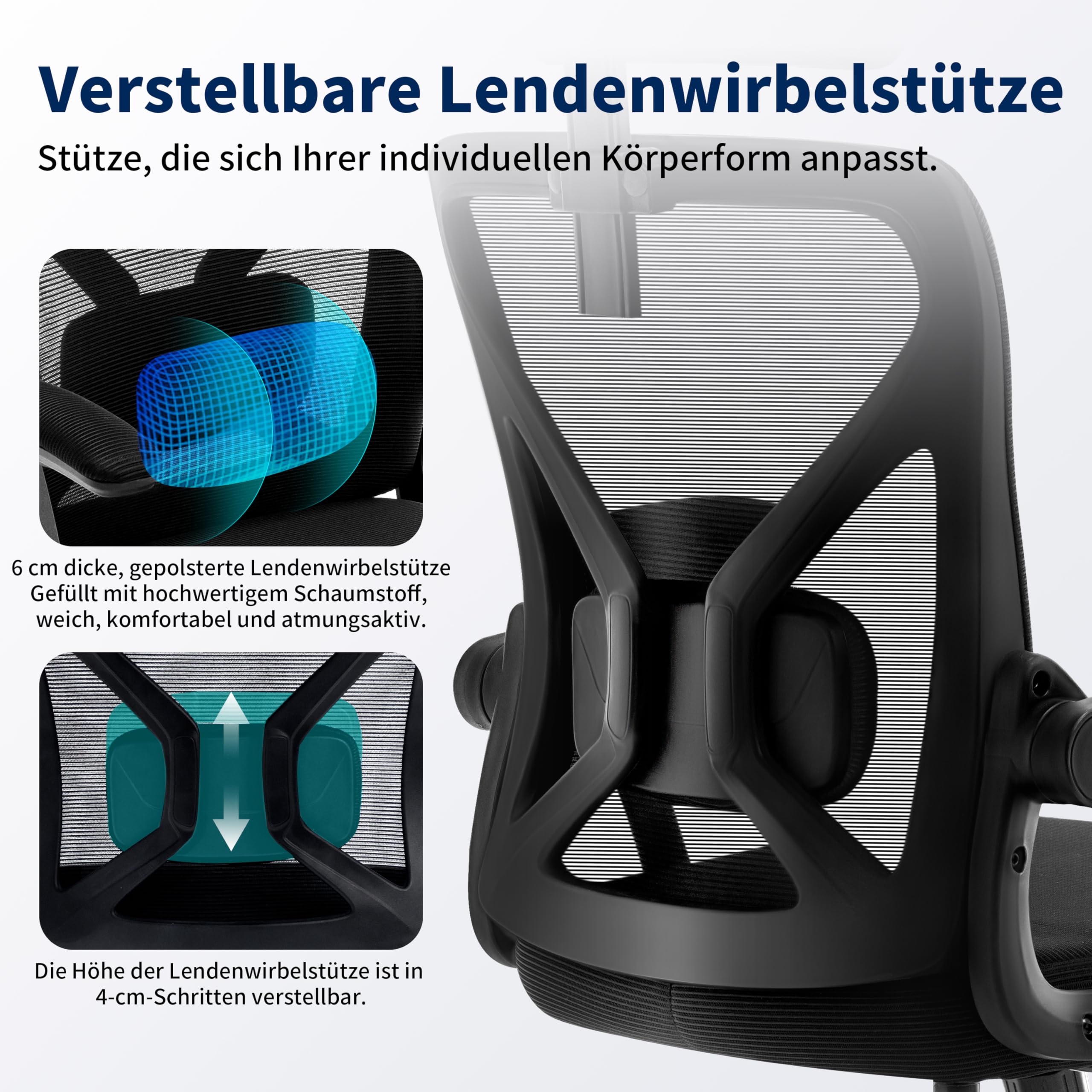 Fizzin Bürostuhl Ergonomischer Wippfunktion bis 125°,180kg | Schreibtischstuhl mit verstellbare Kopfstütze,Armlehnen & Lendenstütze Chefsessel Mesh für Büro, Gaming & Homeoffice, Schwarz