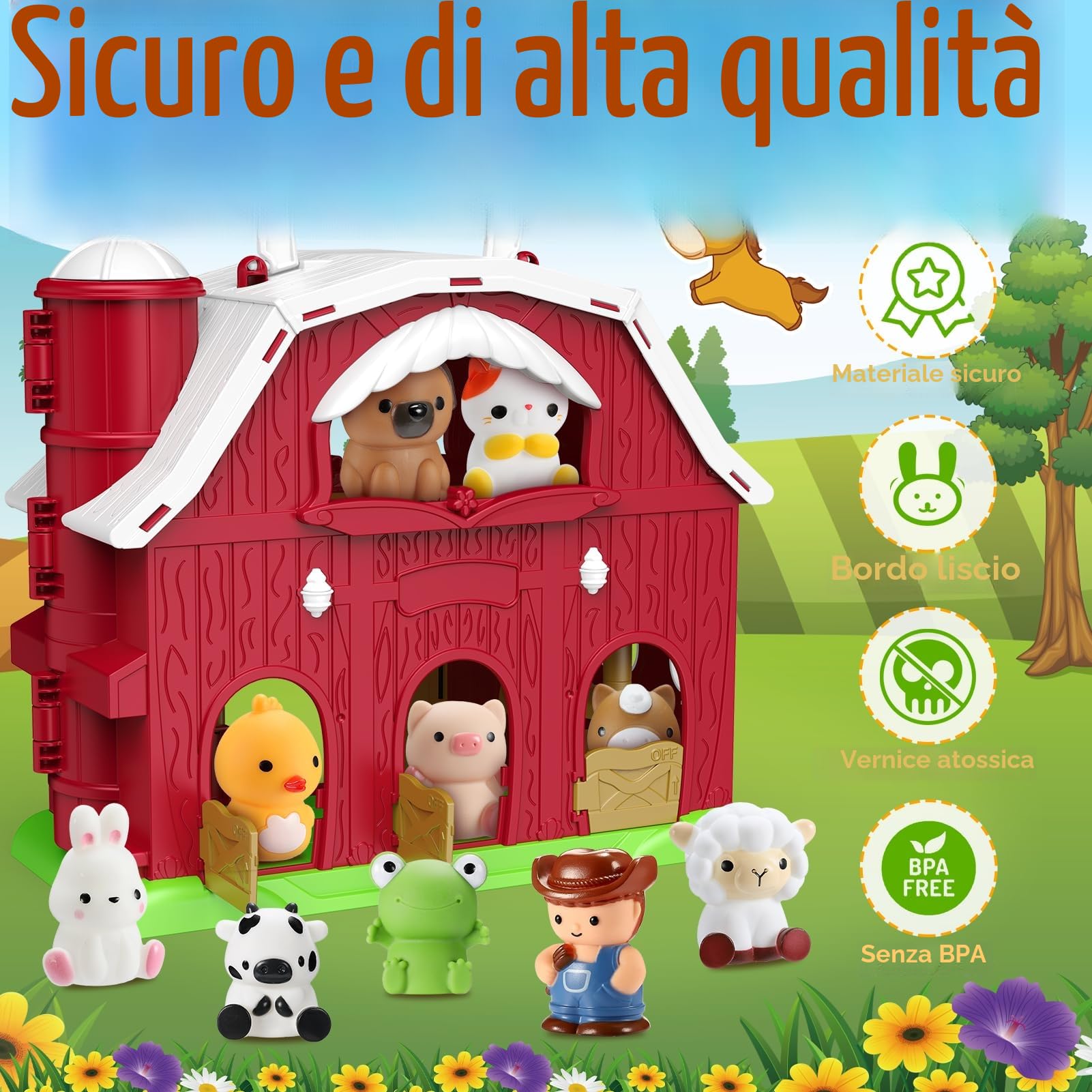 HappyKidsClub Giochi Fattoria Montessori per Bambini 1-4 Anni, Set Fienile Apribile con 9 Animali & Contadino - Giocattoli Educativo Portatile per Bambino - Idea Regalo Bambini 1 2 3 4 anni (Cartoon)