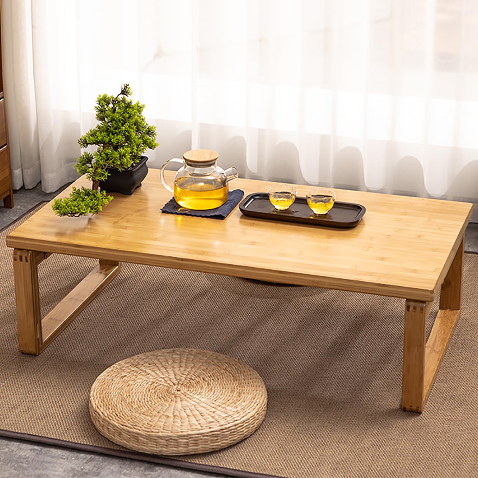 SDdPulse Tavolino da caffè pieghevole in bambù in stile giapponese, tavolo basso portatile per sedersi sul pavimento, tavolo da pranzo pieghevole con tavolo da meditazione 70 x 50 x 31 cm, giallo