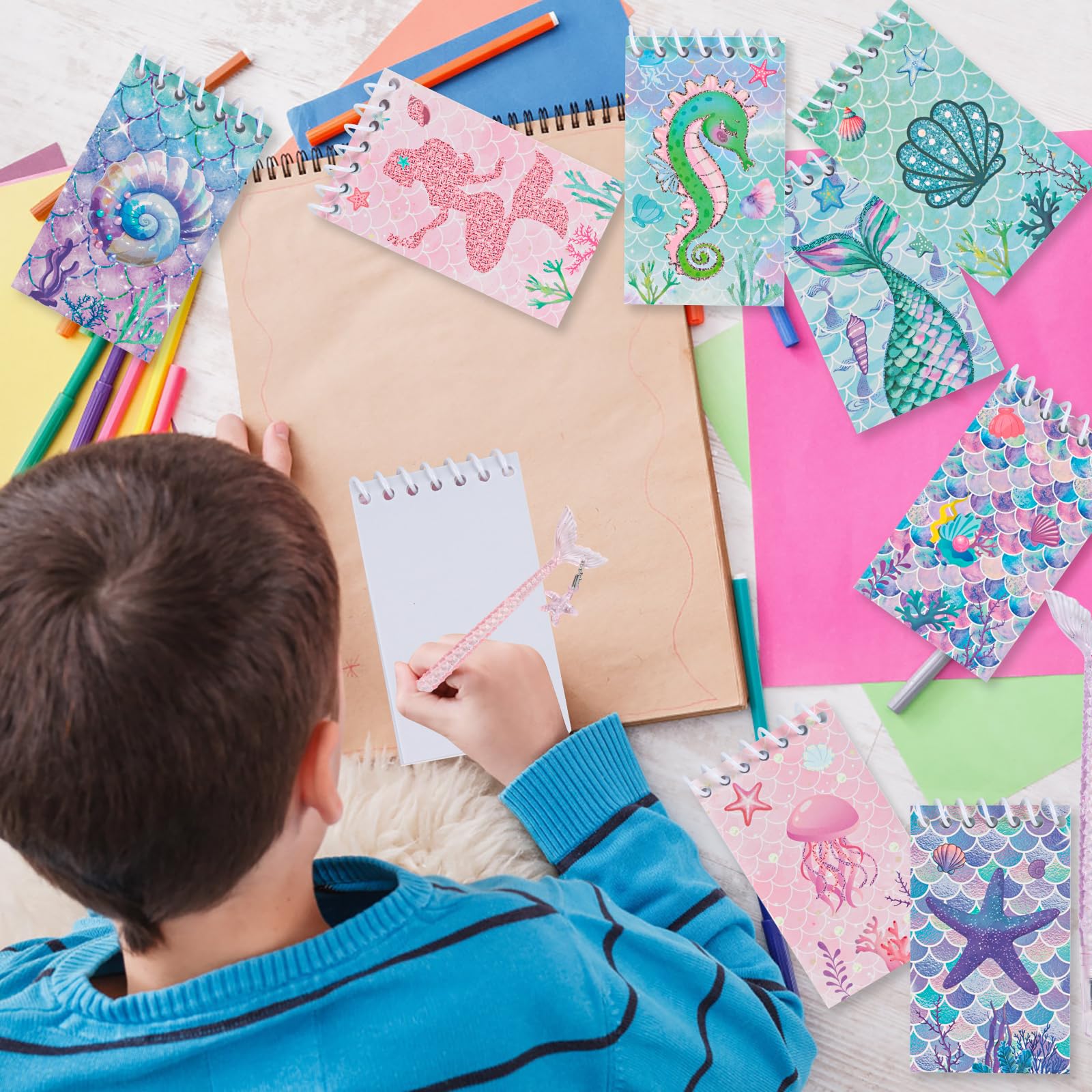 Regali Feste Bambini Sirena, 8 Quaderni a Spirale, 8 Penne Neutre, 12 Braccialetti, 50 Adesivi, Bomboniere Sirena Feste Compleanno, Regali per Ragazze