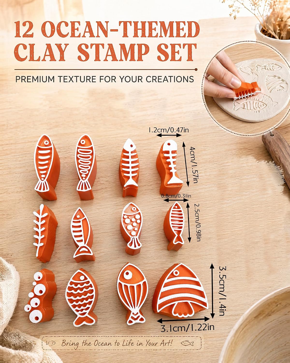 Fish Shaped Polymer Clay Stamp Set, Ocean & Fish Pottery Stamp for Clay (Yellow)