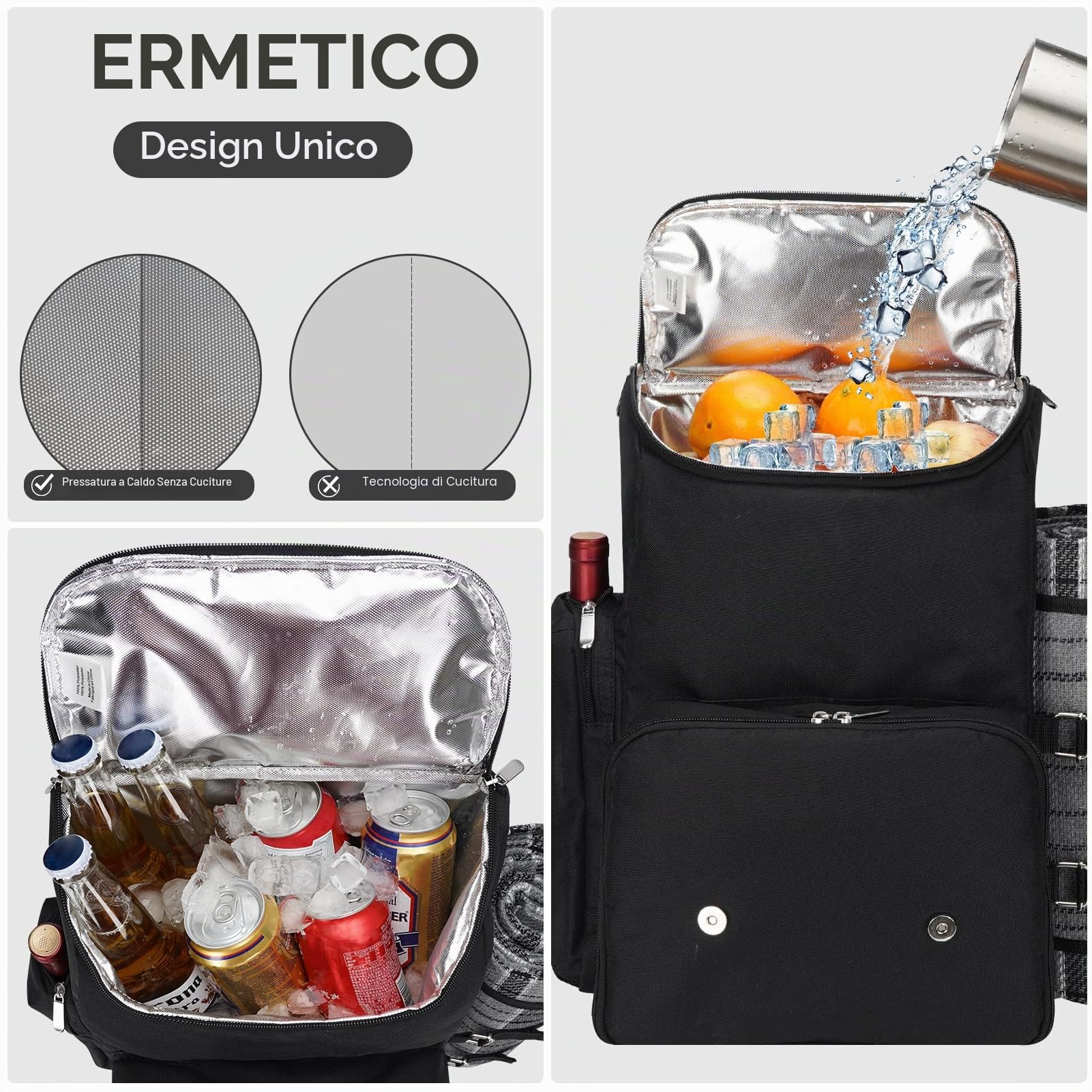 Zaino da picnic per 4 persone con grande borsa termica isolata, cestino da picnic con sacchetto di vino, coperta da picnic impermeabile e set di posate. Perfetto per spiaggia, festa, regalo di nozze
