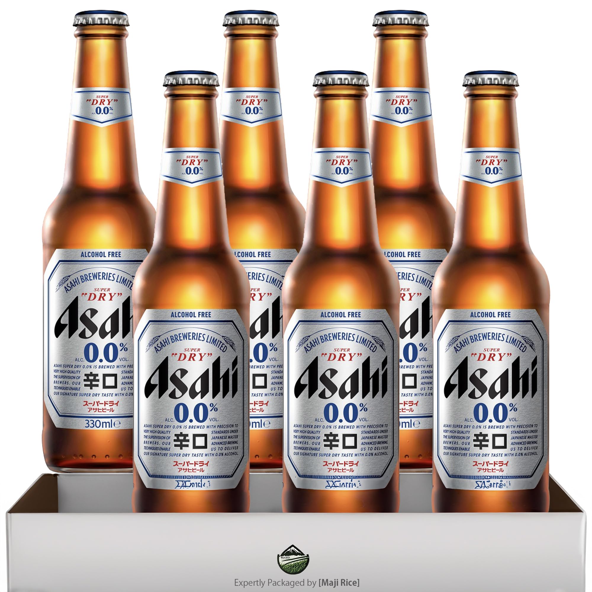 Asahi NEW Super Dry 0.0% Non-Alcoholic Beer - Premium Japanese Lager, Glass Bottle, Enhanced Shipping Protection with Pulp Packaging, Pack of 6