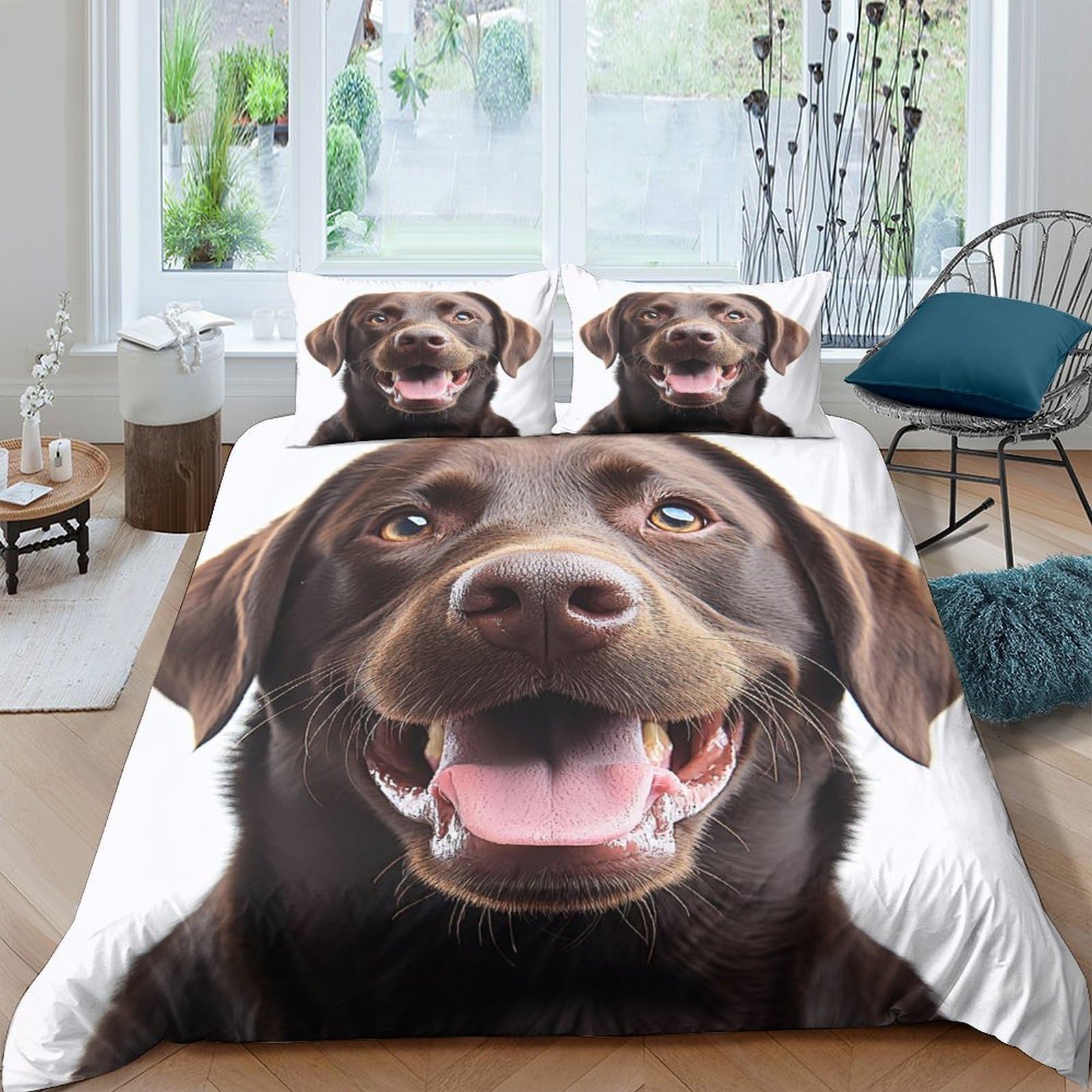 GPLZQXKJNH 3D Printed Chocolate Labrador Dog Duvet Cover Microfiber Soft Breathable Animal Bedding Set with 2 Pillowcases for Bedroom Decor Single（135x200cm）