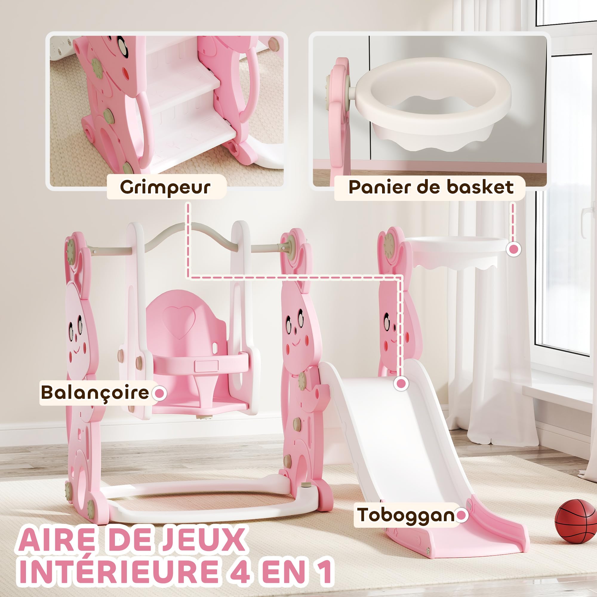 AIYAPLAY Toboggan et Balançoire pour Enfants 4 en 1 1,5 à 4 Ans Rose | Aire de Jeux Tout-Petits avec Escalade, Panier de Basket, Motif Lapin, pour l'Intérieur et l'Extérieur