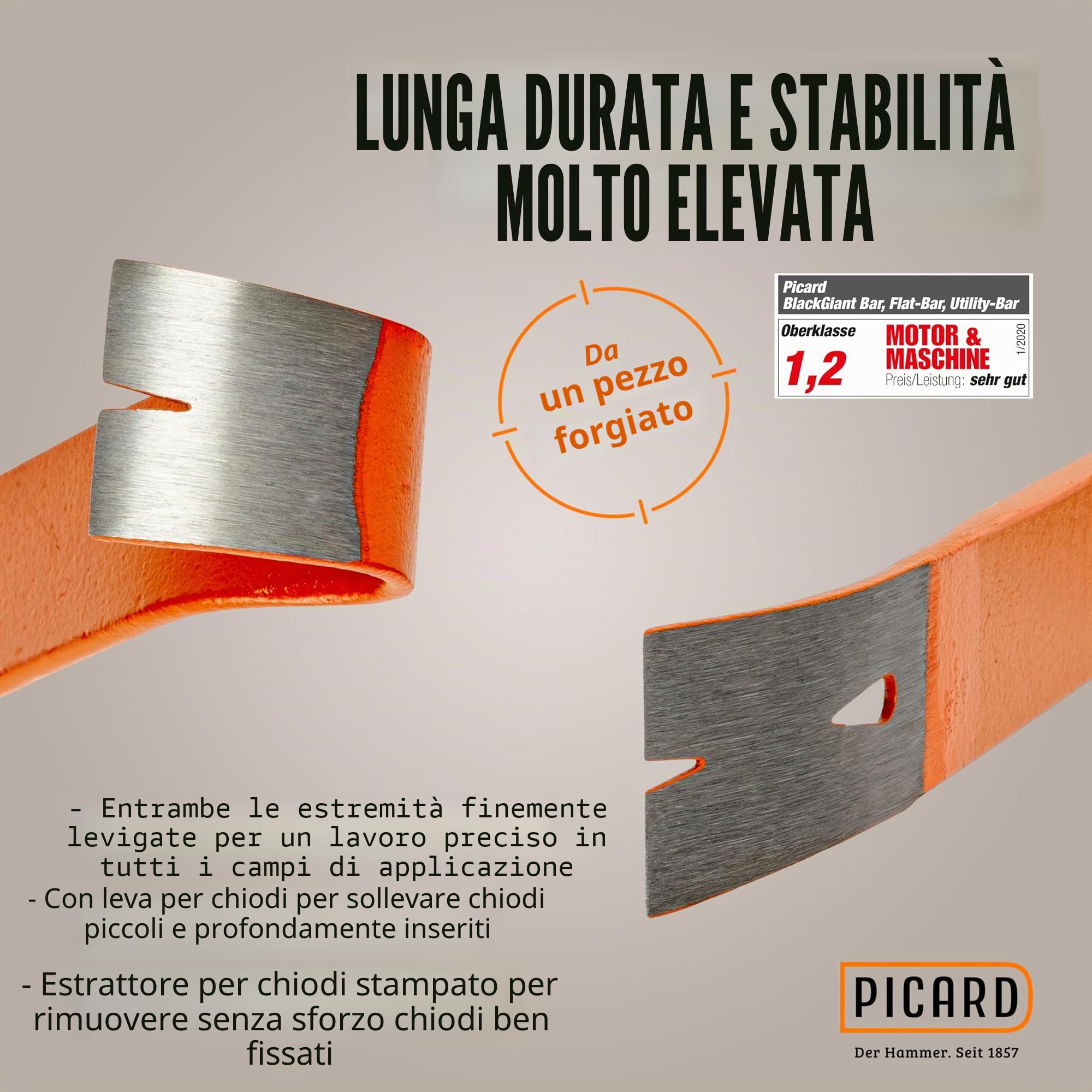 PICARD Martello da carpentiere, superficie scanalata , n. 790 + Pied-de-biche BlackGiant® + Adesivo | Martello da carpentiere professionale 800 g | Magnete porta chiodi | Martello