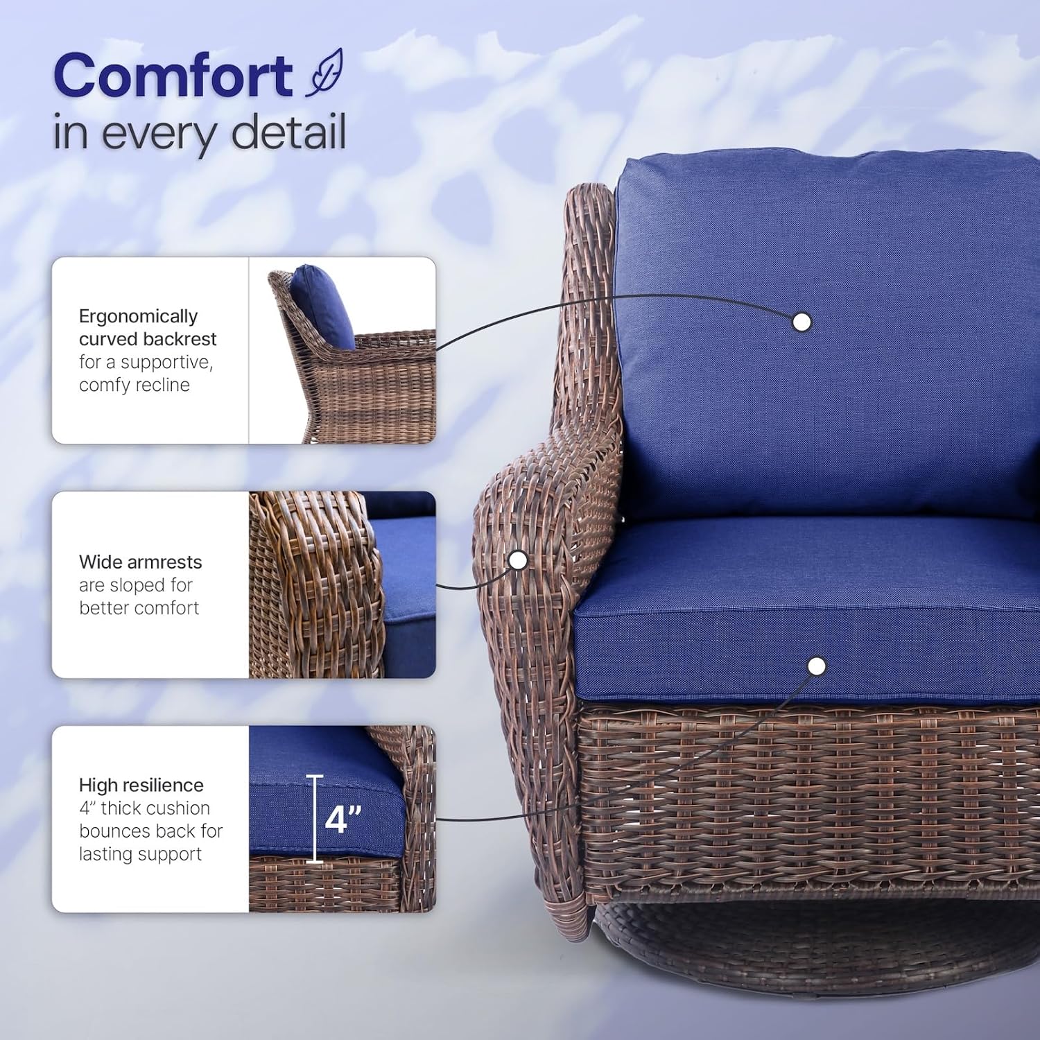 Cambridge Outdoor Wicker Swivel Rocking Chair, All-Weather Hand-Woven Resin Rattan Patio Swivel Rocker with Deep Seat & Thick Cushions for Porch, Backyard & Garden, Midnight Navy Blue