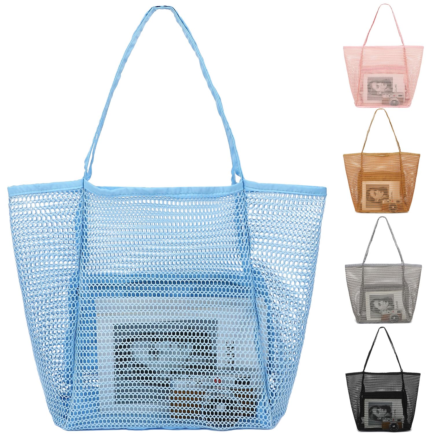 Fammart Mesh Beach Bag, Large Beach Tote with Zipper Pocket, Toys Pool Bag for Family Travel Vacation Cruise Essentials