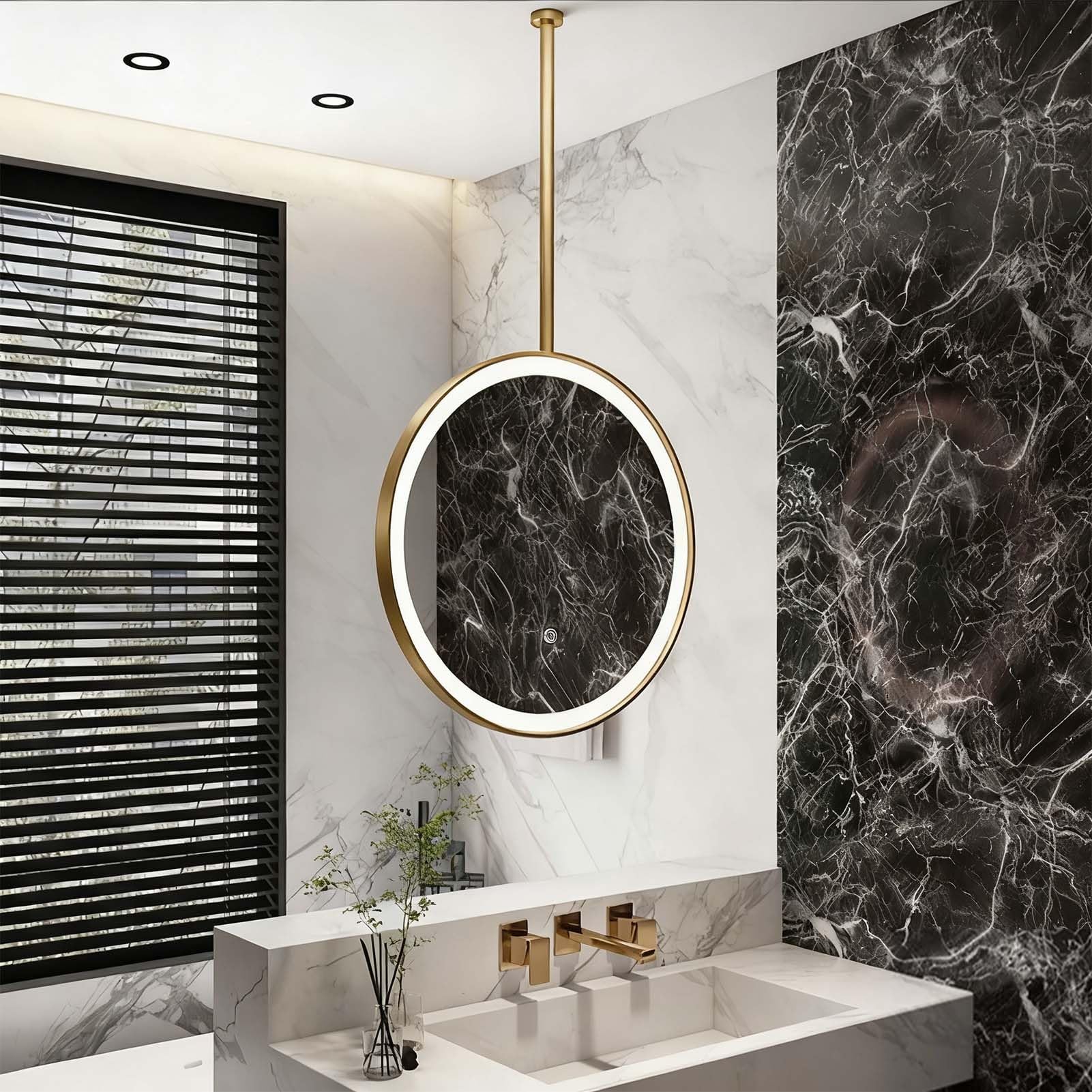 FGXHHS Round Ceiling Suspended Hanging Mirror with Lights, Decorative Simple Wall for Home or Hotel Bathroom Vanity Shaving(Gold,Diameter-60CM/23.6INCH)