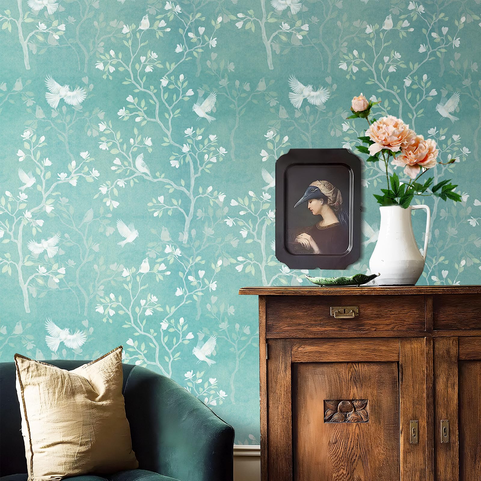 FunStick 44.5CM×9M Papel de Pared Autoadhesivo Flores Pequeñas y Árboles Azul Verde Vinilo Adhesivo Muebles Dormitorio Habitación Papel Adhesivo para Muebles Azul Turquesa Vinilos Adhesivos Pared Baño