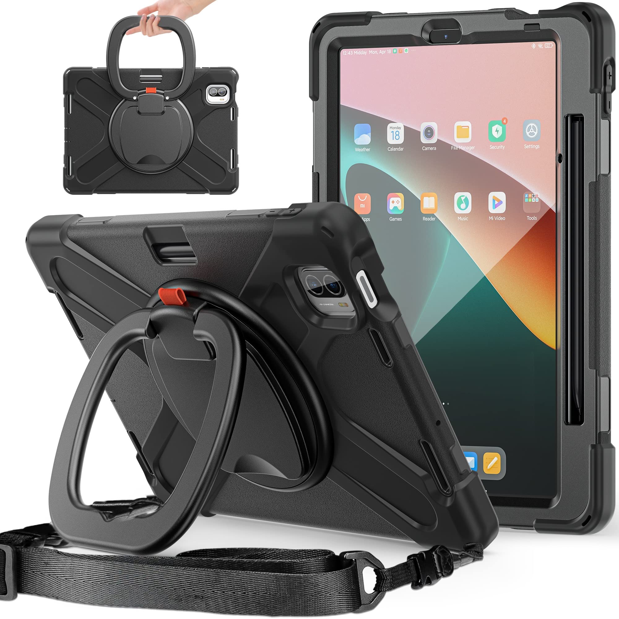 Podróż na tablecie Odporny na wstrząsy ciężki TPU Obudowa dla Xiaomi Mi Pad 5/MIPAD 5 Pro 11-calowa 2021, Obrotowy uchwyt ramię, ochronną osłonę odporną wstrząs uderzenie(Noir)