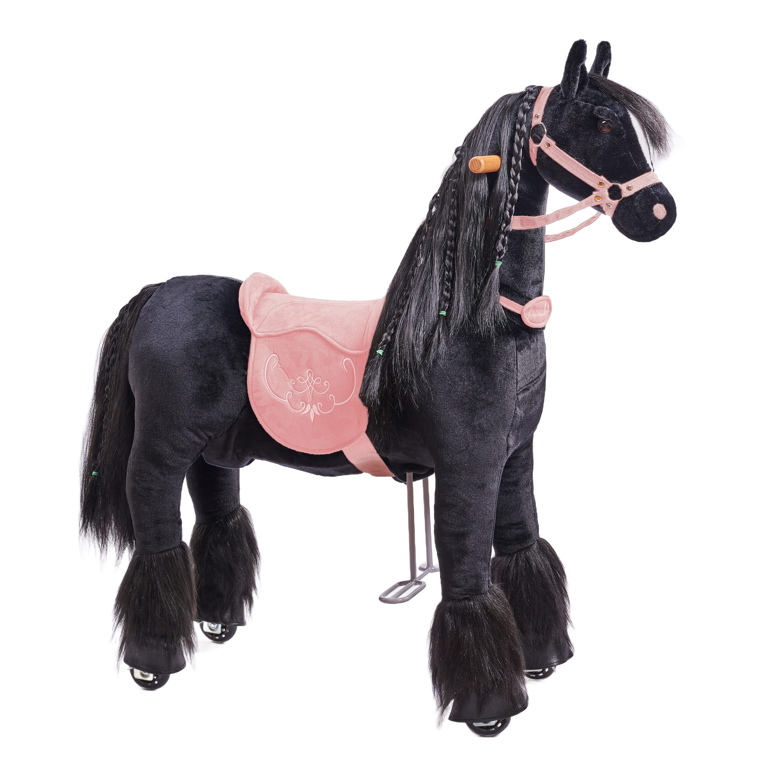 Ponnie - Ebony dziecięcy koń jeździecki, 5-12 lat, mechaniczny duży koń fryzyjski na kółkach, zdejmowane siodełko, Combable Mane, regulowane podnóżki