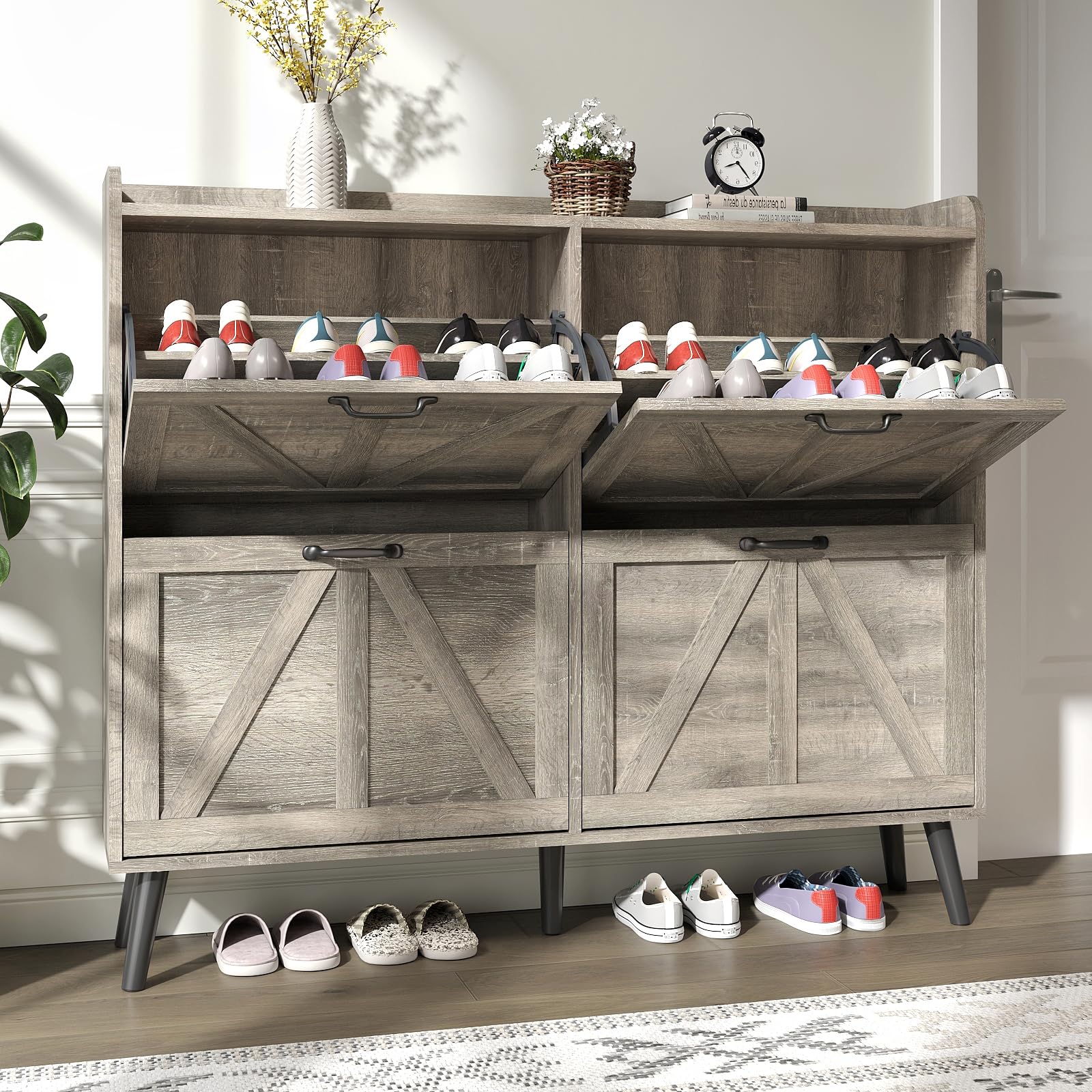 NOVAMAISON Shoe Cabinet with 4 Flip Drawers, Entryway Shoe Storage Cabinet Slim, Farmhouse Shoe Organizer Cabinet for Entryway, Narrow Hidden Shoe