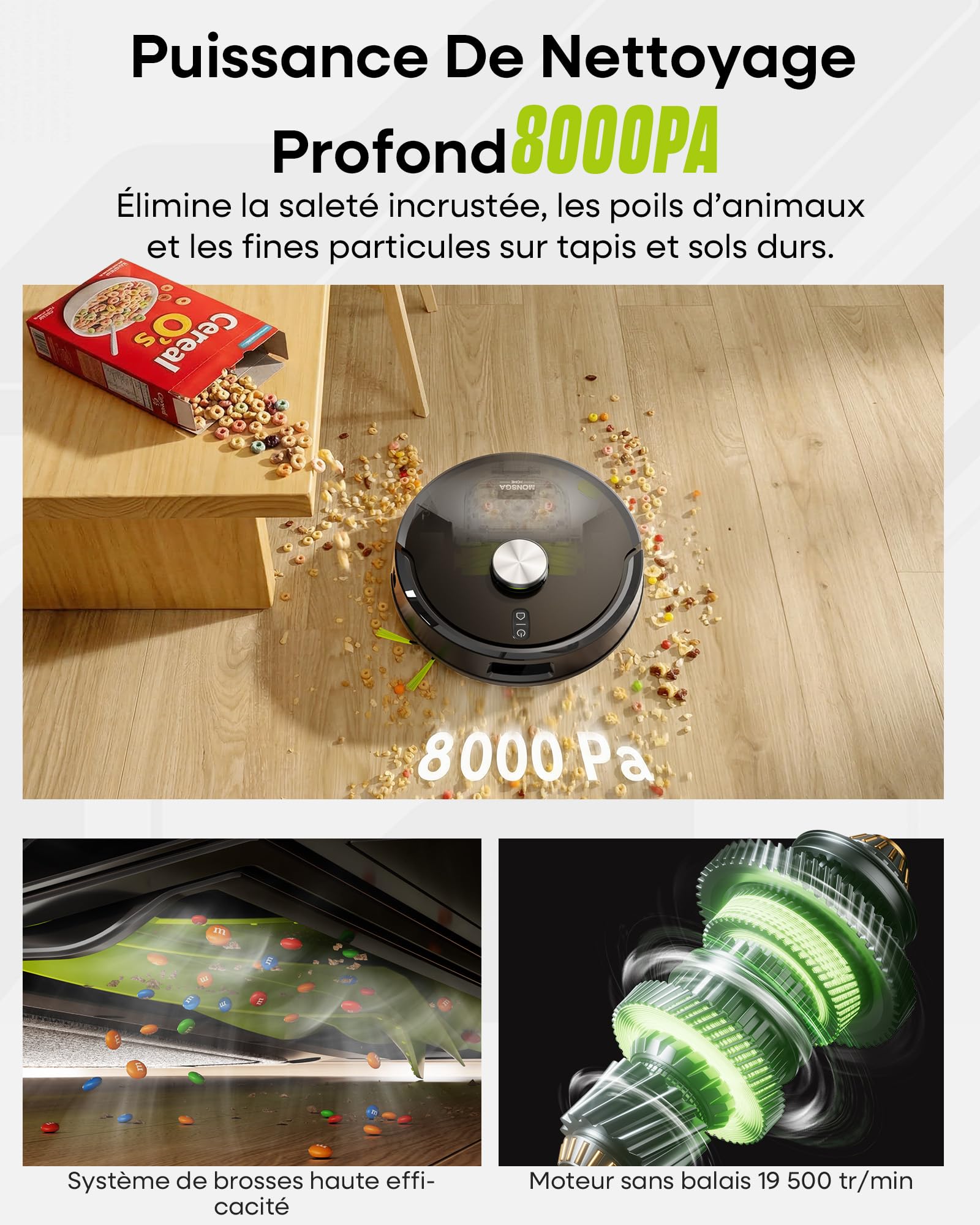 MONSGA Aspirateur Robot 8000Pa, Robot Aspirateur Laveur avec Station Auto-vidage 4L, Plaque de Protection, Navigation LDS, Double Anti-emmêlement pour Cheveux et Poils d'animaux, APP, Contrôle Vocal