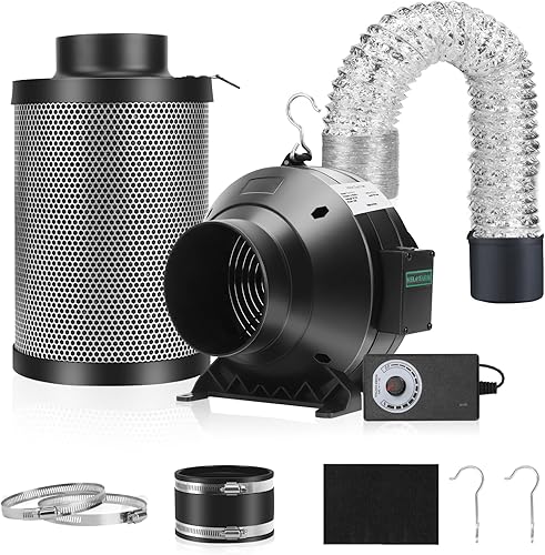 MELONFARM Kit de filtración de aire, ventilador de conducto en línea de 4 pulgadas y 190 CFM con controlador de velocidad, filtro de alto carbono de