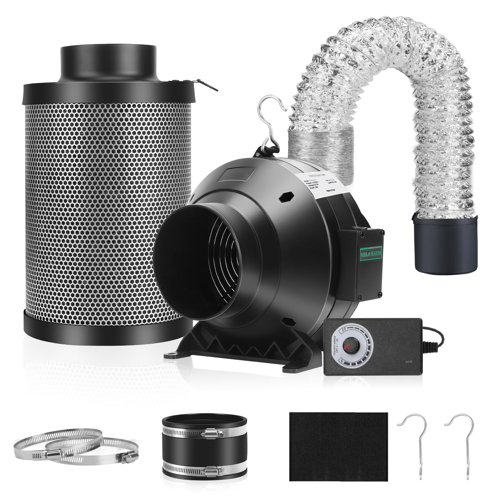 MELONFARM Air Filtration Kit, 4" 190 CFM Inline Duct Fan with Speed Controller, 12" High Carbon Filter, 8 Ft Ducting & Rubber Coupler, Air Cooling and