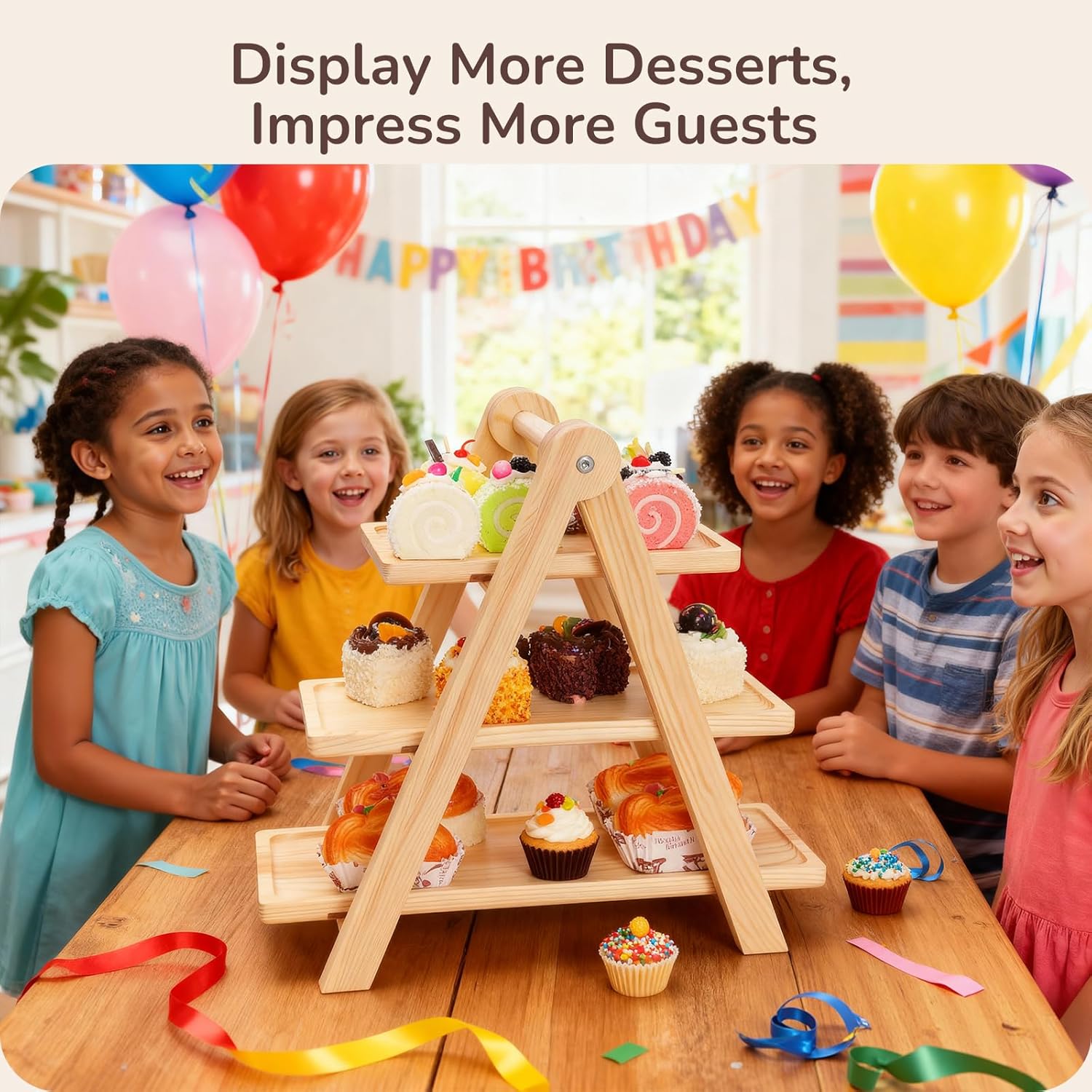 3-Tier Dessert Stand, 5.9" Extra-Wide Shelves, Natural Clear-Coated Finish, Stable & Easy-Clean Cupcake Holder for Afternoon Tea, Fruit, Snacks, Party Display - Image 4