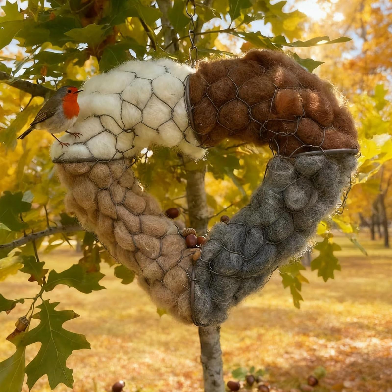 Nido de hierro para pájaros silvestres, corazón, refugio para pájaros silvestres, decoración de jardín, patio, recargable, con fibra de algodón, fácil de colgar, decoración de vida silvestre