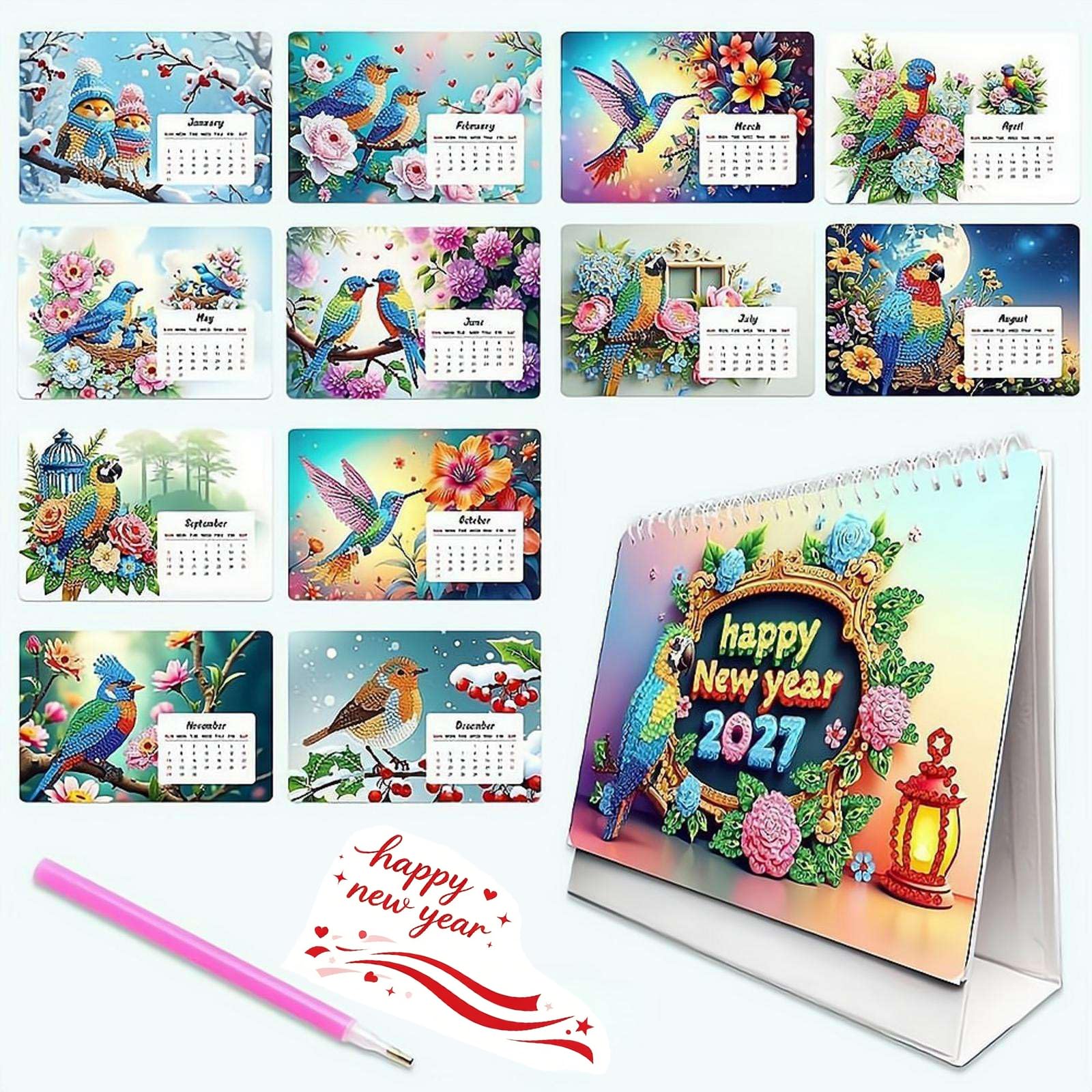 Diamond Art Calendar 2027, DIY Floral Desk Calendar Ornament, 12 Month Diamond Art Painting Tabletop Calendars, Jan to Dec Monthly Planner for Home Office Decoration