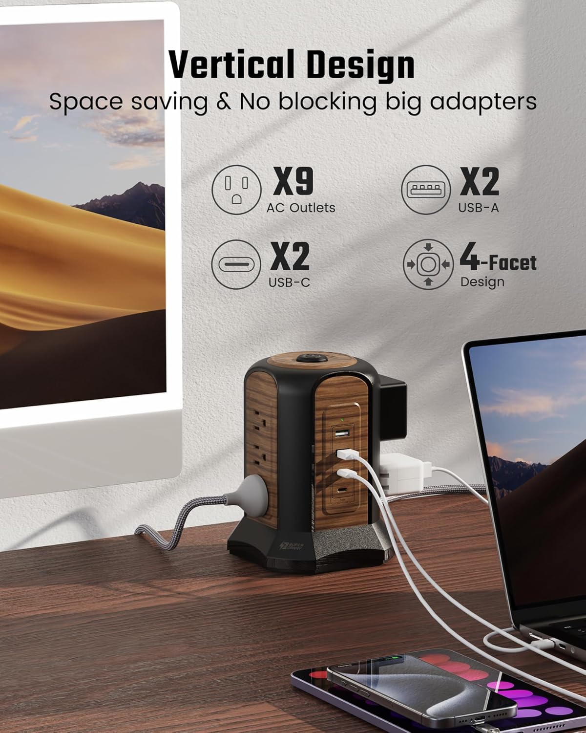 SUPERDANNY Power Strip Tower Surge Protector, 10 Ft Extension Cord with Multiple Outlets, 9 Outlets, 4 USB Ports (2 USB C), 1080 Joules, 3-Prong, Grounded, Charging Station for Home, Office, Brown