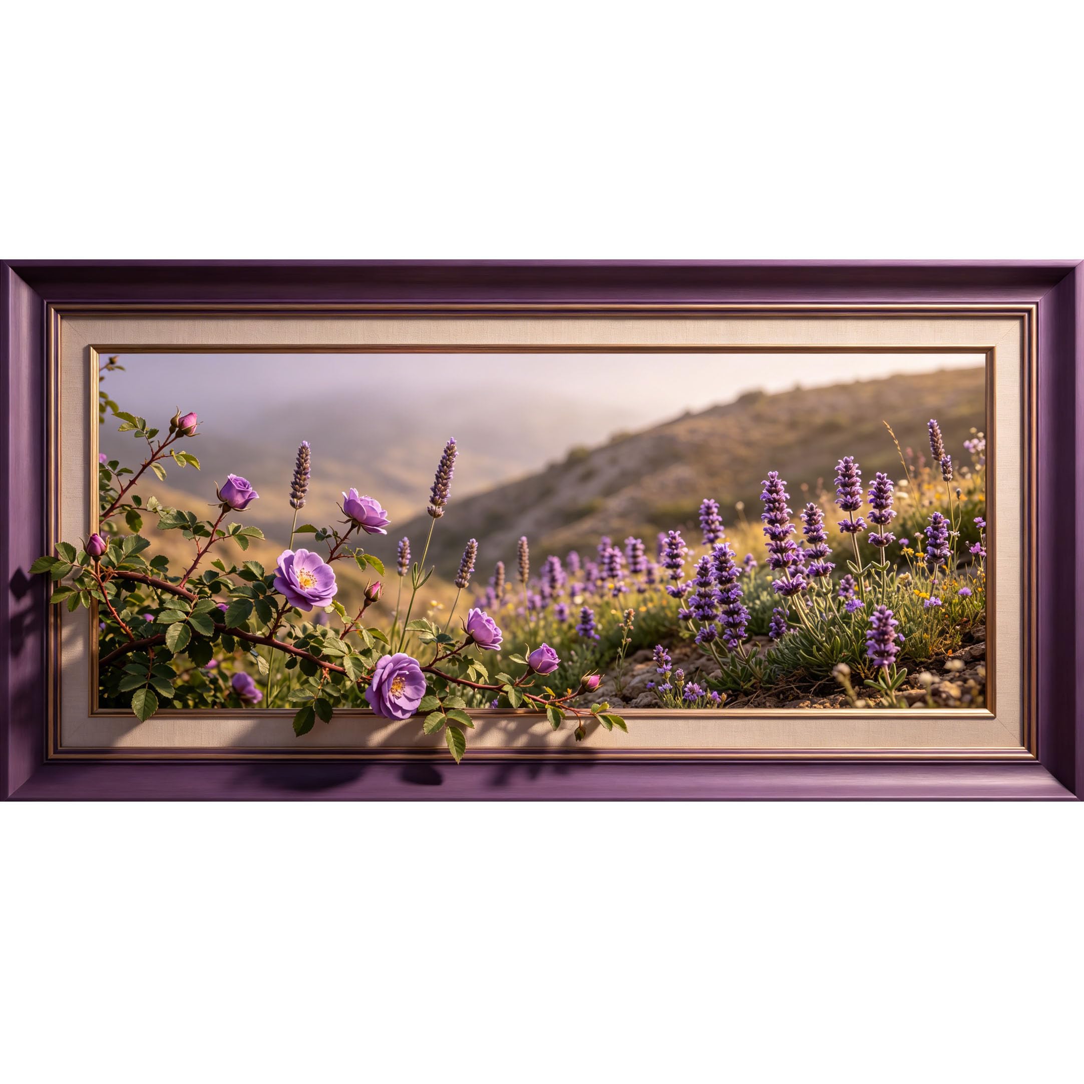 Agglomerix 3D Framed Wall Art Purple Rose Lavender Field Botanical Floral Relief Large Size SelfAdhesive Removable Wall Decor Prints Artwork for Living Room Bedroom Office